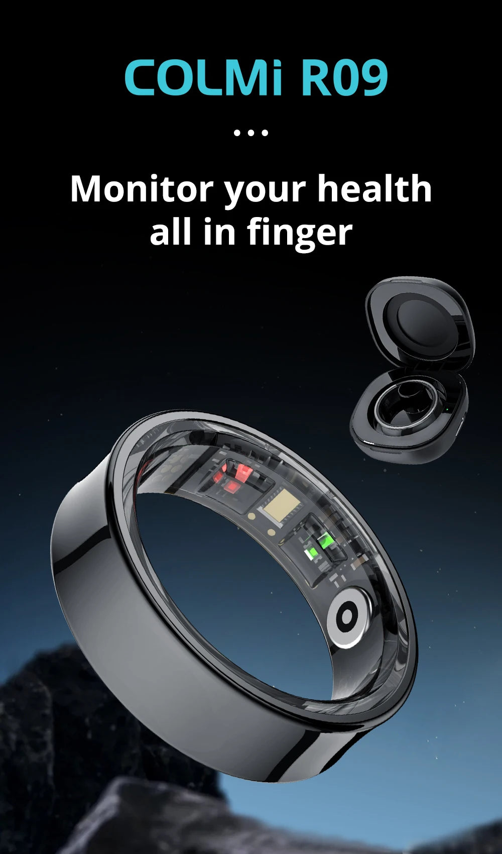 Anel Inteligente COLMI R09 2025 para Homens e Mulheres com Estojo de Carregamento, Monitor de Temperatura Corporal, Saúde e Sono para Telefone Xiaomi Samsung