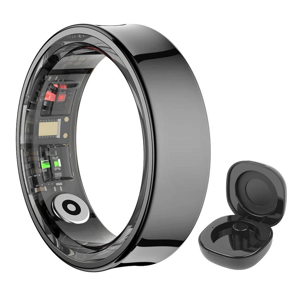 Anel inteligente R09 com estojo de carregamento, à prova d'água, para saúde e fitness, monitoramento de frequência cardíaca, oxigênio no sangue e sono, para homens e mulheres