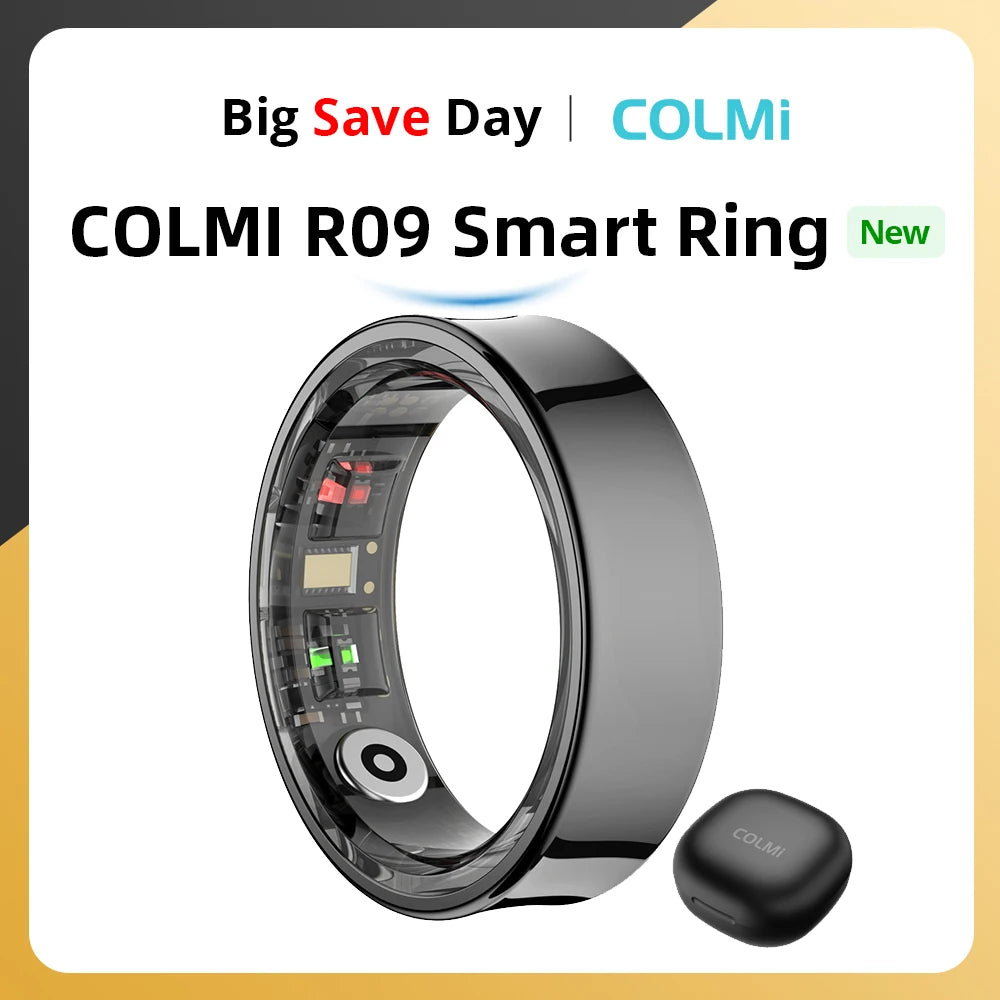 Anel Inteligente COLMI R09 2025 para Homens e Mulheres com Estojo de Carregamento, Monitor de Temperatura Corporal, Saúde e Sono para Telefone Xiaomi Samsung