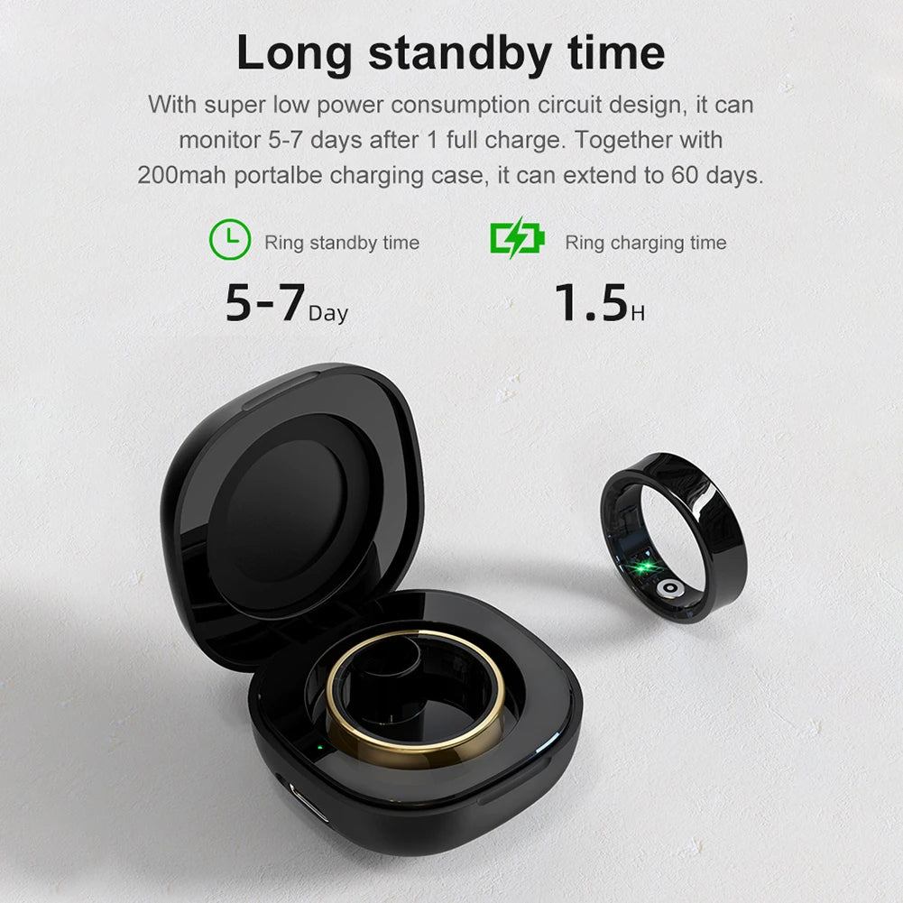 Anel inteligente R09 com estojo de carregamento, à prova d'água, para saúde e fitness, monitoramento de frequência cardíaca, oxigênio no sangue e sono, para homens e mulheres